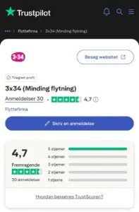Skærmbillede af Trustpilot anmeldelser for 3x34 Minding flytning i København. Viser høj rating.