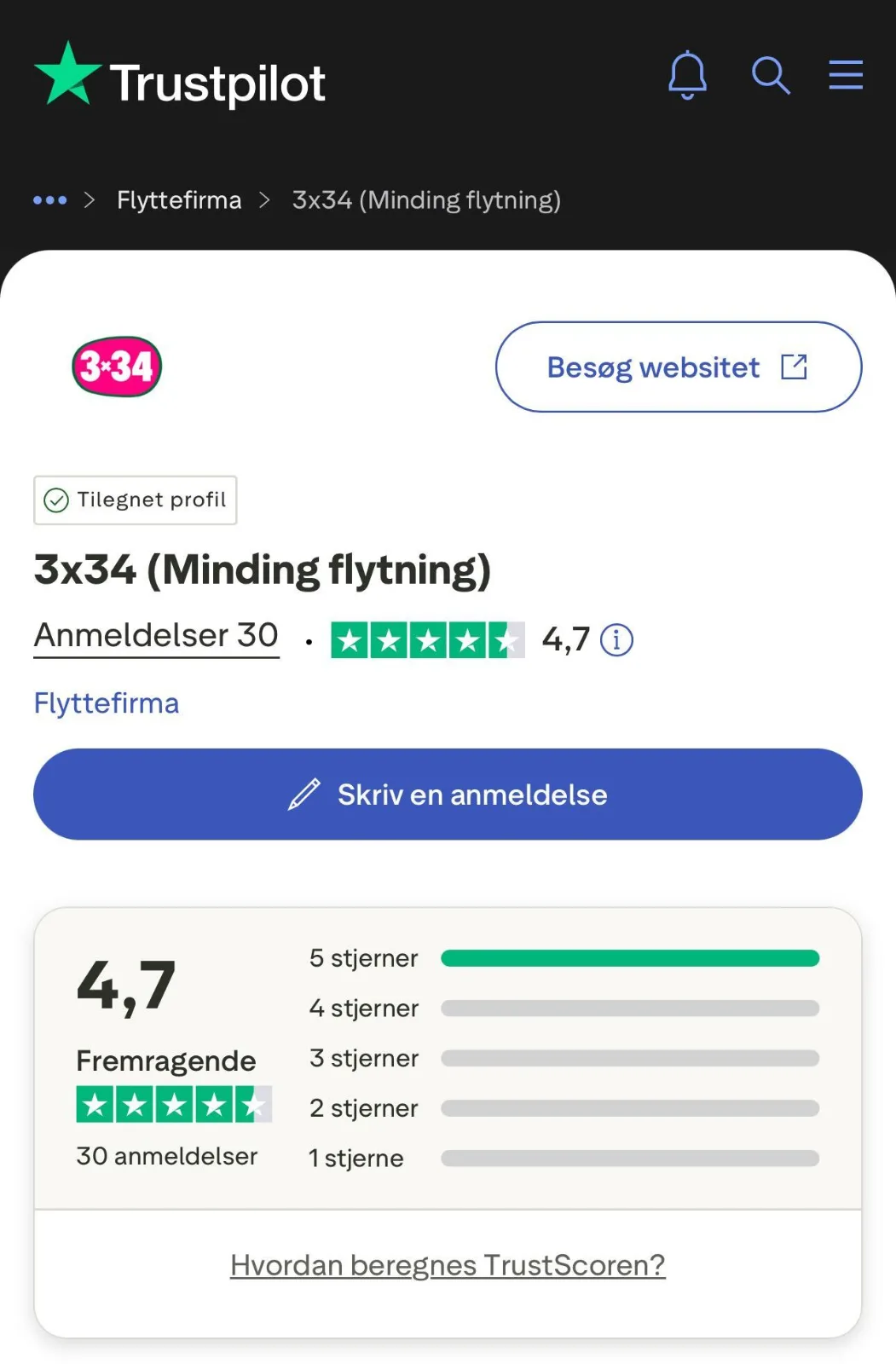 Skærmbillede af Trustpilot anmeldelser for 3x34 Minding flytning i København. Viser høj rating.