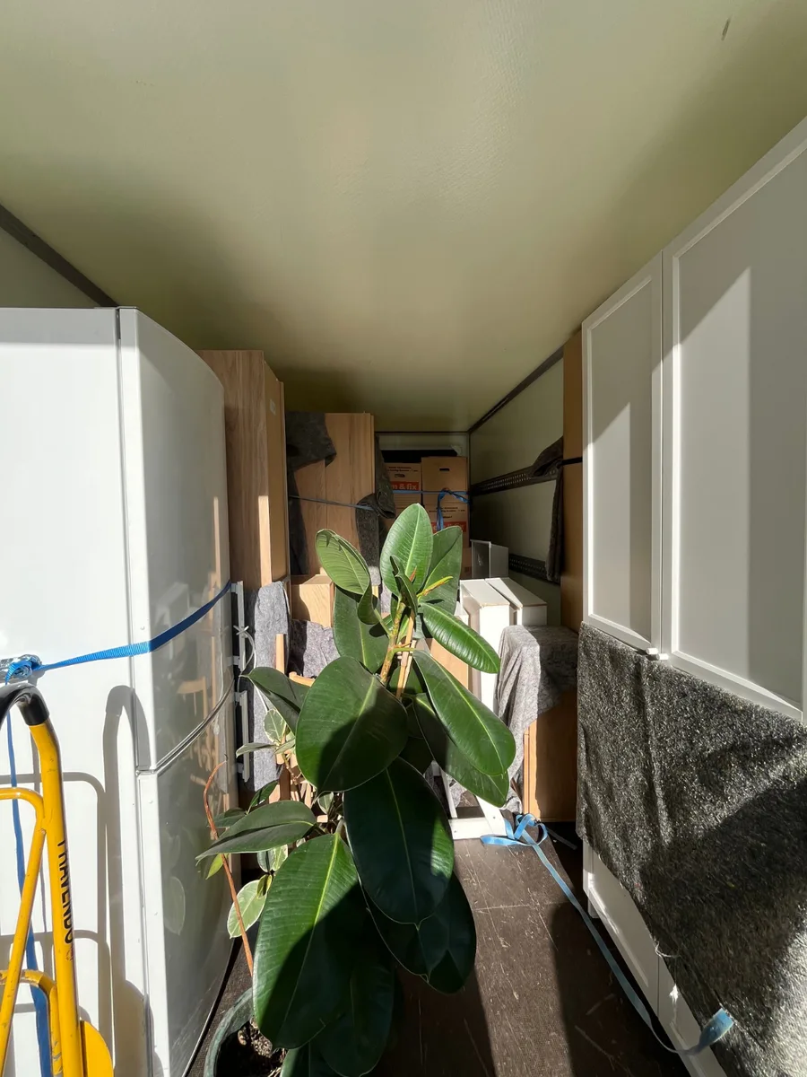 Flere møbler indpakket i flyttetæpper står tæt sammen med en stor potteplante og nogle flyttekasser i en flyttevogn.